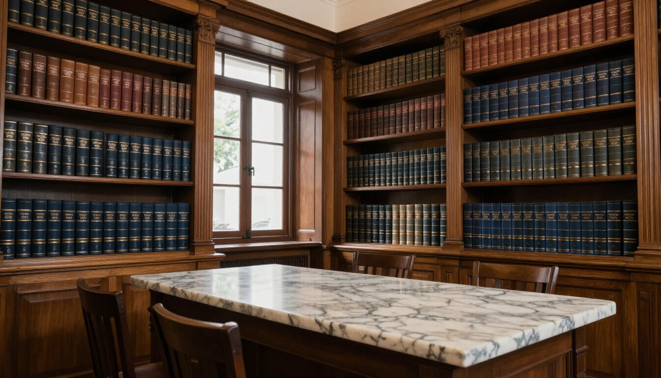Biblioteca jurídica com livros e mesa de mármore